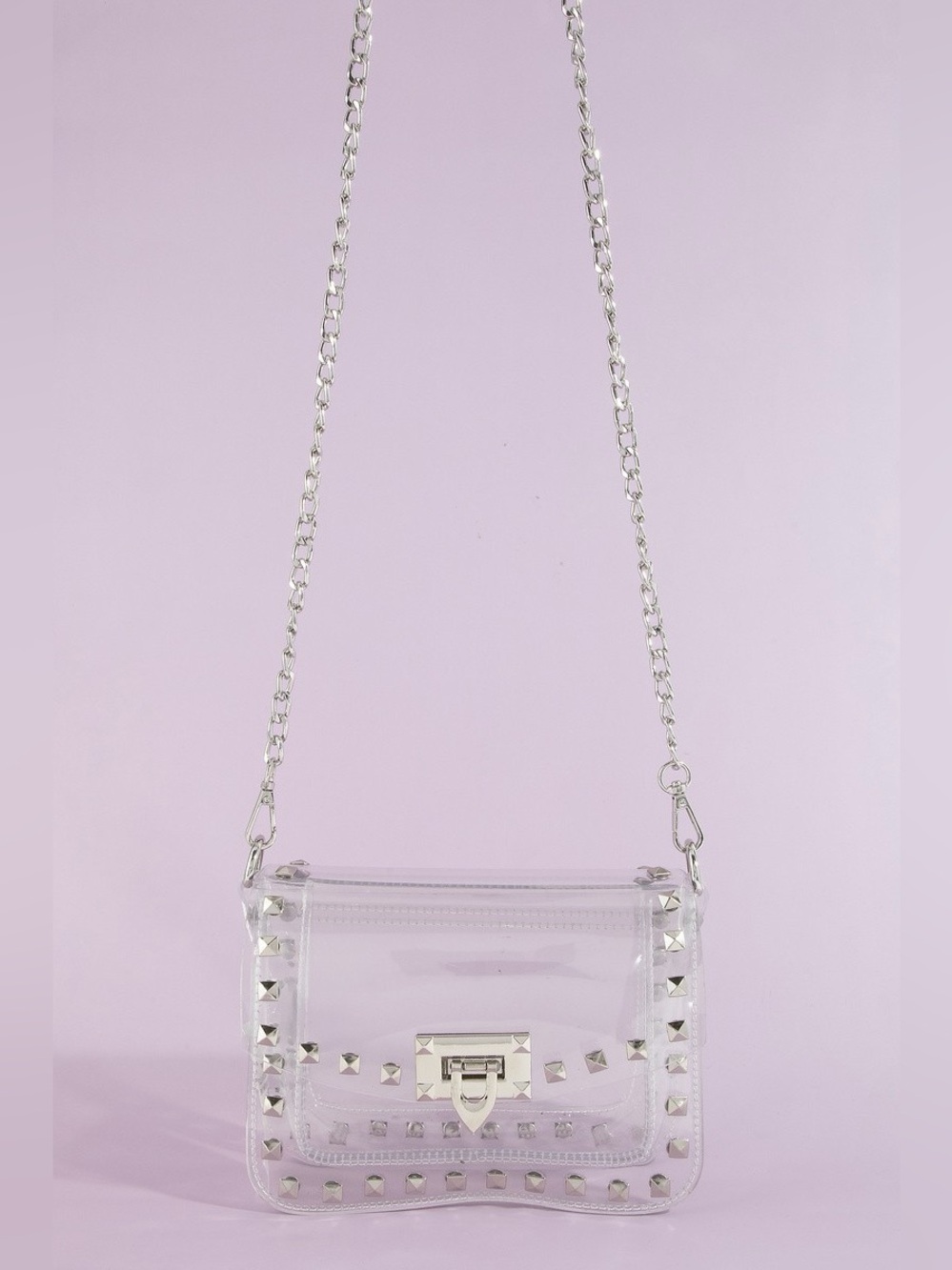 Fame Clear Studded Crossbody Stadium Bag With Chain Strap